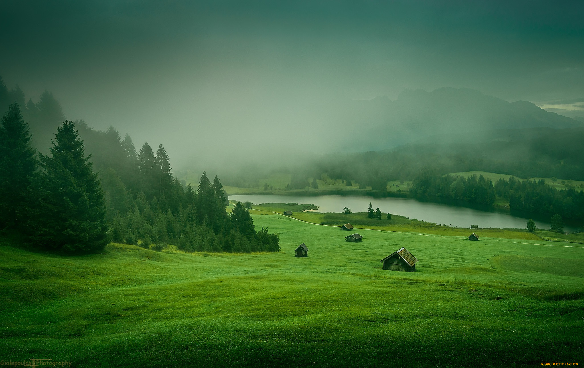 , , meadow, houses, mountains, mist, landscape, trees, grass, river, nature, forest